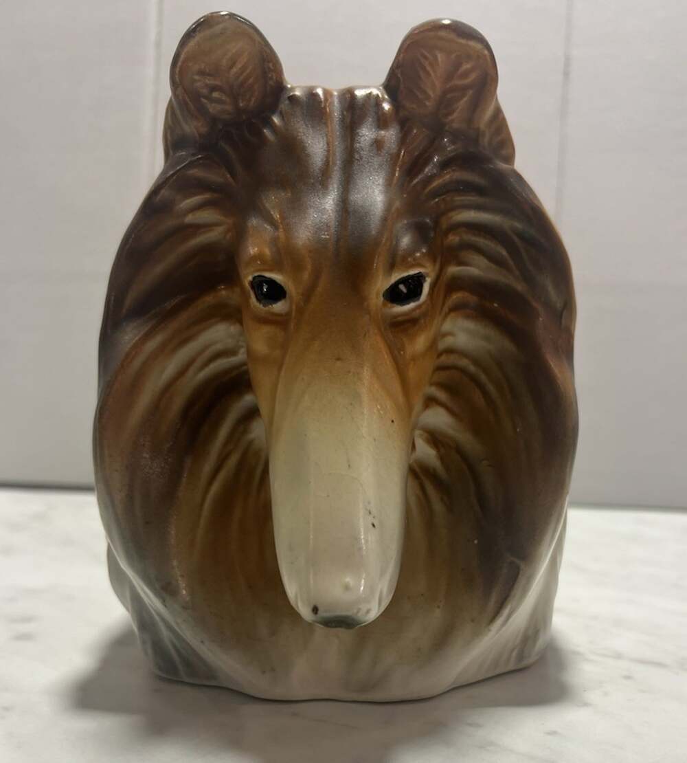 Porcelain Collie Breed Dog Head Planter VTG 1970's 5.5" tall Ceramic